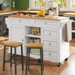 Îlot de cuisine sur roulettes, placards de rangement, cinq tiroirs et étagère à épices, 14 x 46 x 92 cm, blanc