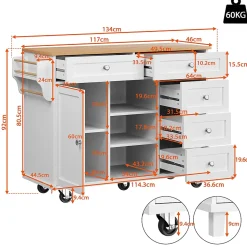 Îlot de cuisine sur roulettes, placards de rangement, cinq tiroirs et étagère à épices, 14 x 46 x 92 cm, blanc