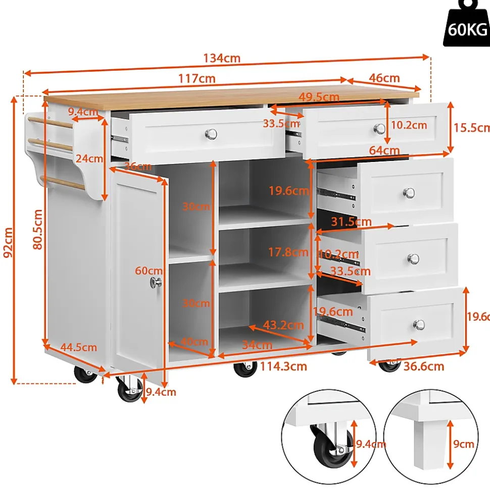 Îlot de cuisine sur roulettes, placards de rangement, cinq tiroirs et étagère à épices, 14 x 46 x 92 cm, blanc