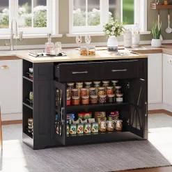 Îlot de Cuisine, Table Pliante, 2 Portes, Étagères Réglables, Prises Électriques et Ports USB - MDF Noir/Naturel, 120x40-65x92 cm