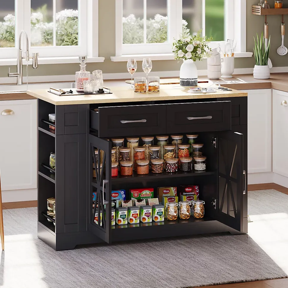 Îlot de Cuisine, Table Pliante, 2 Portes, Étagères Réglables, Prises Électriques et Ports USB - MDF Noir/Naturel, 120x40-65x92 cm