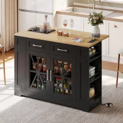 Îlot de Cuisine, Table Pliante, 2 Portes, Étagères Réglables, Prises Électriques et Ports USB - MDF Noir/Naturel, 120x40-65x92 cm