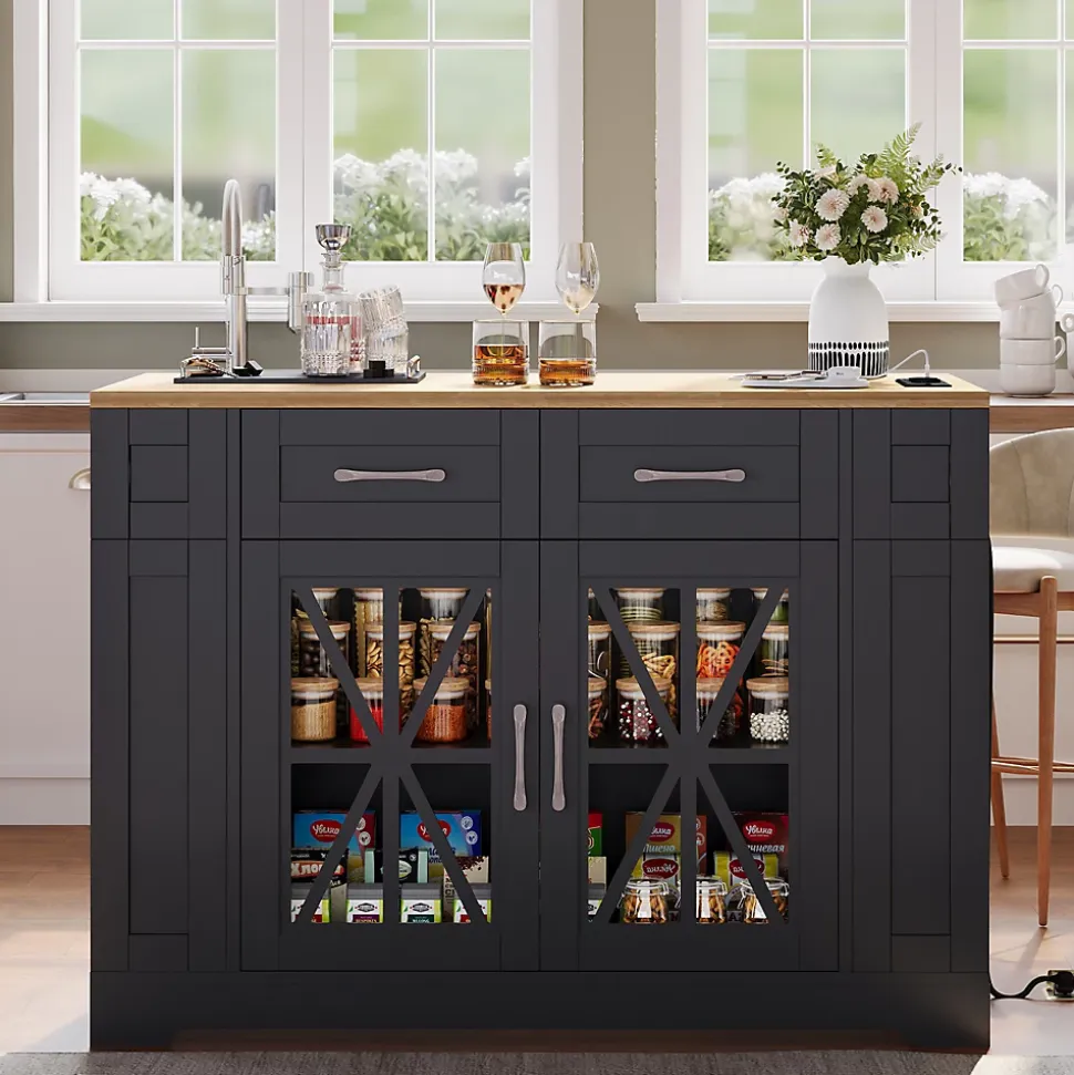 Îlot de Cuisine, Table Pliante, 2 Portes, Étagères Réglables, Prises Électriques et Ports USB - MDF Noir/Naturel, 120x40-65x92 cm