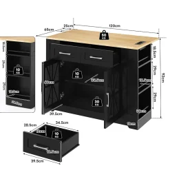 Îlot de Cuisine, Table Pliante, 2 Portes, Étagères Réglables, Prises Électriques et Ports USB - MDF Noir/Naturel, 120x40-65x92 cm