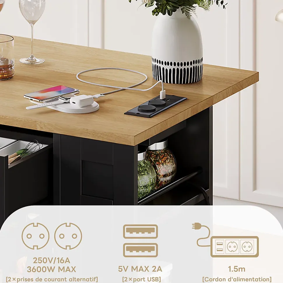 Îlot de Cuisine, Table Pliante, 2 Portes, Étagères Réglables, Prises Électriques et Ports USB - MDF Noir/Naturel, 120x40-65x92 cm