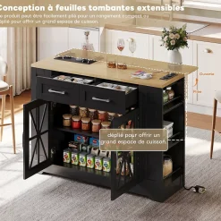 Îlot de Cuisine, Table Pliante, 2 Portes, Étagères Réglables, Prises Électriques et Ports USB - MDF Noir/Naturel, 120x40-65x92 cm