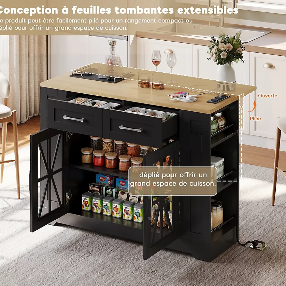 Îlot de Cuisine, Table Pliante, 2 Portes, Étagères Réglables, Prises Électriques et Ports USB - MDF Noir/Naturel, 120x40-65x92 cm