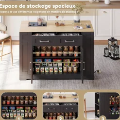 Îlot de Cuisine, Table Pliante, 2 Portes, Étagères Réglables, Prises Électriques et Ports USB - MDF Noir/Naturel, 120x40-65x92 cm