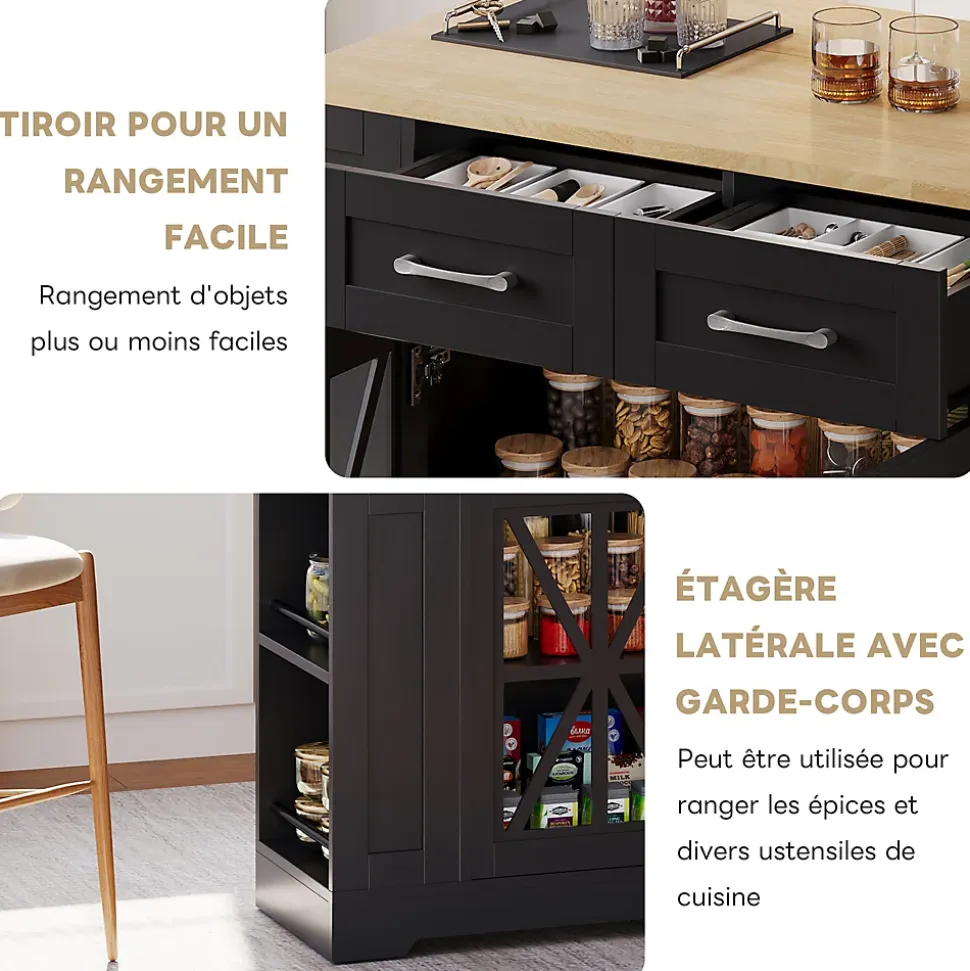 Îlot de Cuisine, Table Pliante, 2 Portes, Étagères Réglables, Prises Électriques et Ports USB - MDF Noir/Naturel, 120x40-65x92 cm