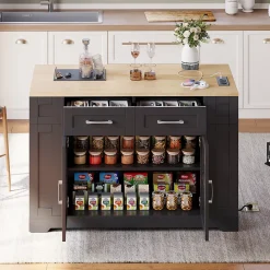 Îlot de Cuisine, Table Pliante, 2 Portes, Étagères Réglables, Prises Électriques et Ports USB - MDF Noir/Naturel, 120x40-65x92 cm