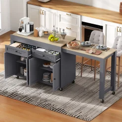 Îlot de Cuisine, Tiroirs, Plan de Travail, Desserte à Roulettes, Rangement, Espace Extensible, 112-180,5x45x92 cm - MDF Gris