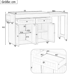 Îlot de Cuisine, Tiroirs, Plan de Travail, Desserte à Roulettes, Rangement, Espace Extensible, 112-180,5x45x92 cm - MDF Gris