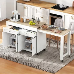 Îlot de Cuisine, Tiroirs, Plan de Travail, Chariot à Roulettes avec Rangement, Espace Extensible, 112-180,5x45x92 cm, MDF Blanc