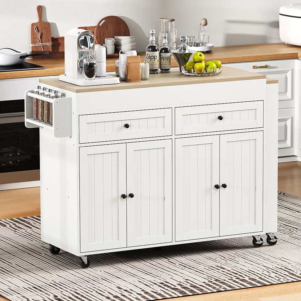Îlot de Cuisine, Tiroirs, Plan de Travail, Chariot à Roulettes avec Rangement, Espace Extensible, 112-180,5x45x92 cm, MDF Blanc