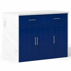 Îlot de Cuisine 120x60x91 cm - desserte de Cuisine avec Prise et Ports USB, Étagères Réglables, Porte-Serviettes, MDF - Blanc+Bleu