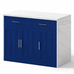 Îlot de Cuisine 120x60x91 cm - desserte de Cuisine avec Prise et Ports USB, Étagères Réglables, Porte-Serviettes, MDF - Blanc+Bleu