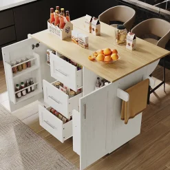 Îlot de cuisine 135x74x90,8 cm, cm avec plan de travail pliable, trois tiroirs, deux portes et porte-serviettes, buffet, blanc