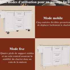 Îlot de cuisine 135x74x90,8 cm, cm avec plan de travail pliable, trois tiroirs, deux portes et porte-serviettes, buffet, blanc