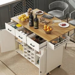 Îlot de cuisine 124x65x91,5 cm, plan de travail rabattable, tiroirs, étagère à épices et porte-serviettes, buffet moderne, blanc