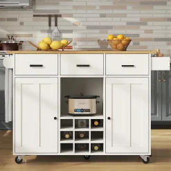 Îlot de cuisine 124x65x91,5 cm, plan de travail rabattable, tiroirs, étagère à épices et porte-serviettes, buffet moderne, blanc