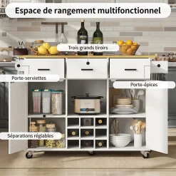 Îlot de cuisine 124x65x91,5 cm, plan de travail rabattable, tiroirs, étagère à épices et porte-serviettes, buffet moderne, blanc