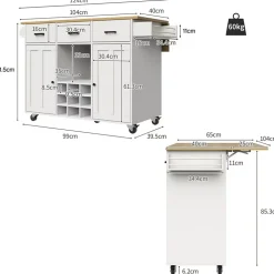 Îlot de cuisine 124x65x91,5 cm, plan de travail rabattable, tiroirs, étagère à épices et porte-serviettes, buffet moderne, blanc