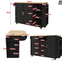 Îlot de cuisine 130x70x90cm, avec chariot de cuisine à roulettes, plan de travail rabattable, portes et tiroirs coulissants, noir