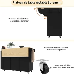 Îlot de cuisine 130x70x90cm, avec chariot de cuisine à roulettes, plan de travail rabattable, portes et tiroirs coulissants, noir