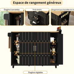 Îlot de cuisine 130x70x90cm, avec chariot de cuisine à roulettes, plan de travail rabattable, portes et tiroirs coulissants, noir