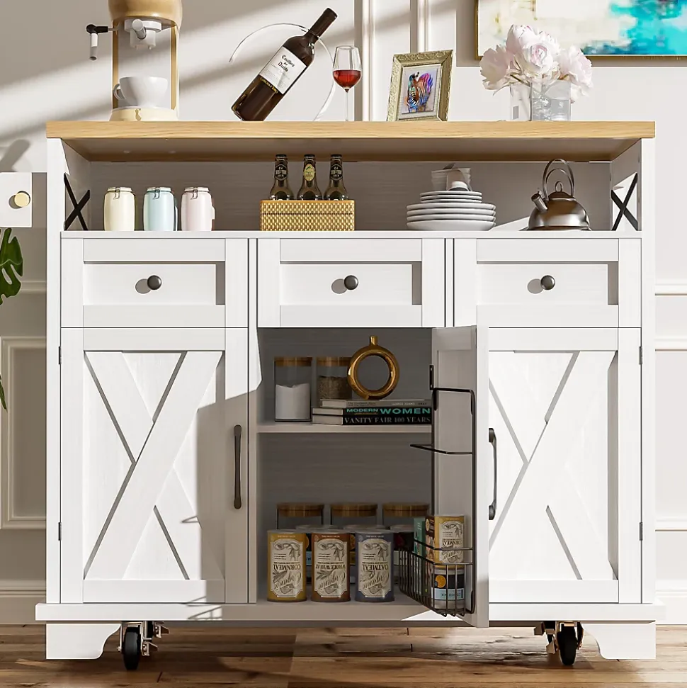 Îlot de cuisine 118x70x98cm,avec plan de travail pliable,chariot de cuisine à roulettes,étagères et tiroirs amovibles,blanc