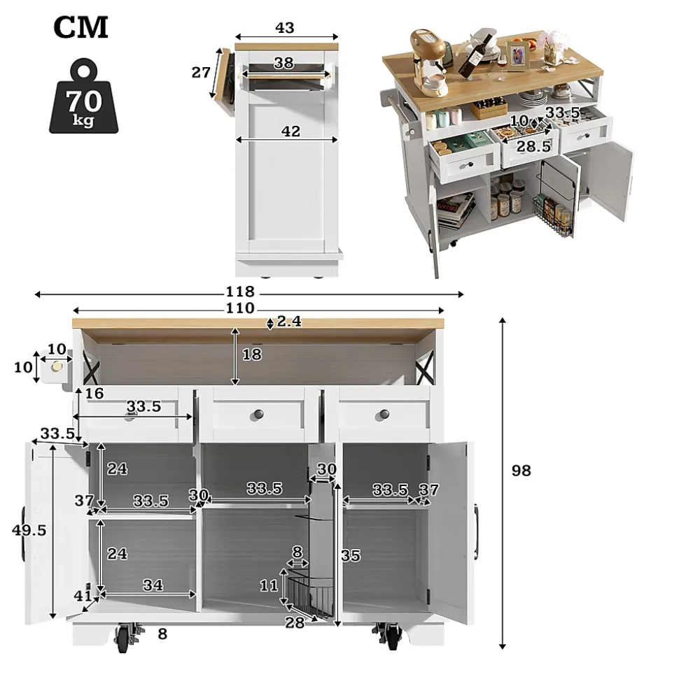 Îlot de cuisine 118x70x98cm,avec plan de travail pliable,chariot de cuisine à roulettes,étagères et tiroirs amovibles,blanc