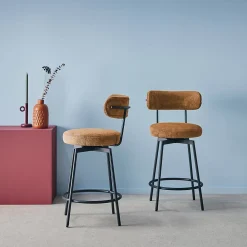 Lot de deux tabourets de bar assise rotative métal noir et tissu camel - L 50 x P 50 x H 92cm - Iris