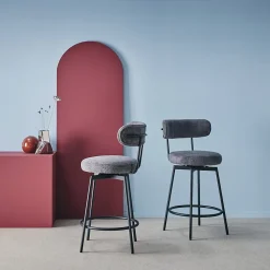 Lot de deux tabourets de bar assise rotative métal noir et tissu gris - L 50 x P 50 x H 92cm - Iris