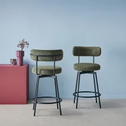 Lot de deux tabourets de bar assise rotative métal noir et tissu vert - L 50 x P 50 x H 92cm - Iris