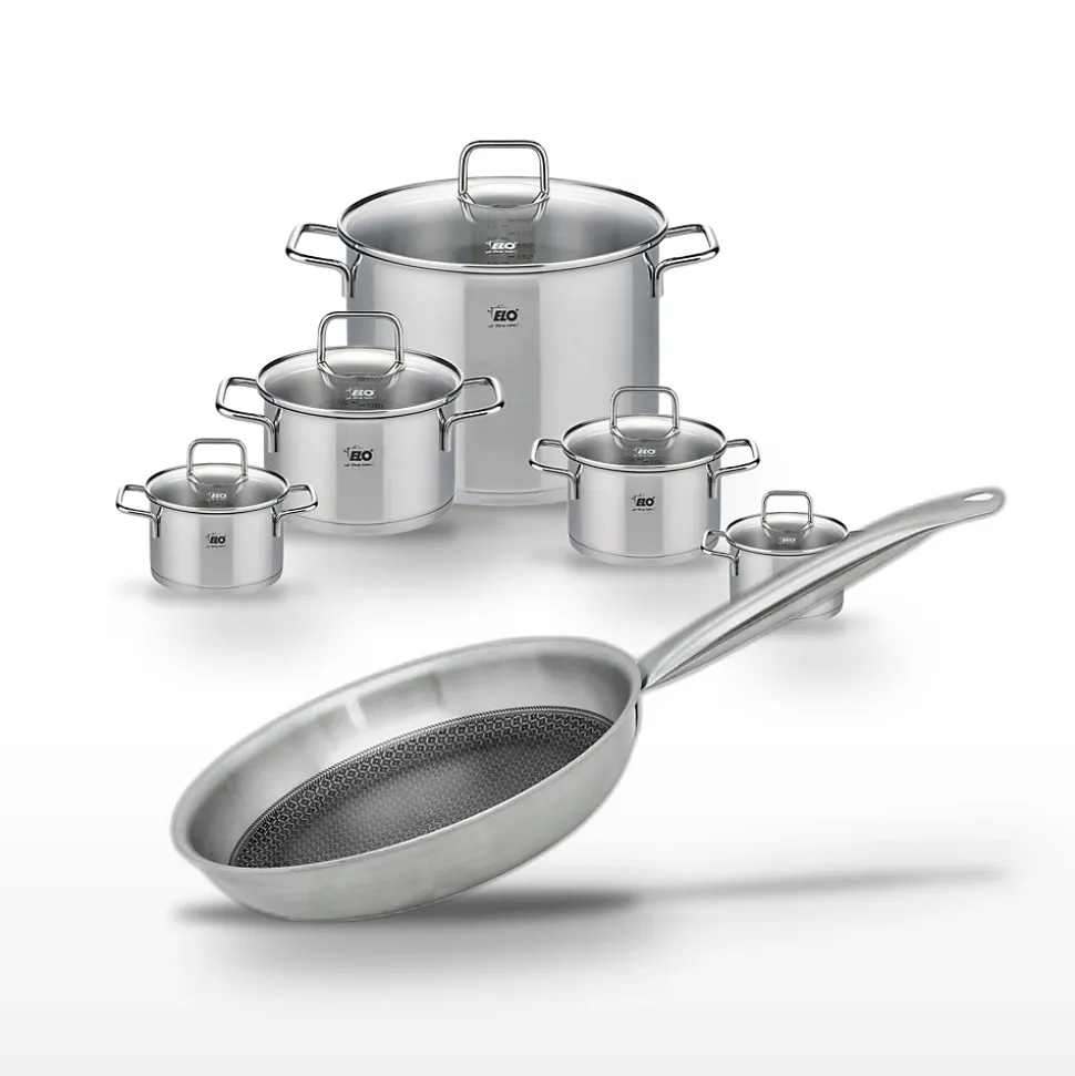 Lot de Faitouts Elo Relief Solution en inox 12/14/16/20/26 cm et Poêle 24 cm