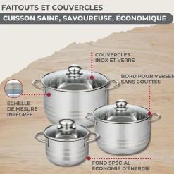 Lot de Poêles 24/28 cm avec couvercles et 3 faitouts 16/20/24 cm Fackelmann Généva avec 5 ustensiles Océan