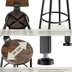 Lot de tabourets de bar avec grands dossiers confortables Style industriel