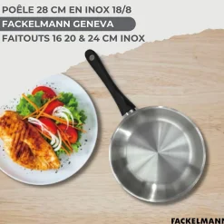 Lot Poêle 28 cm Fackelmann Généva et 3 Faitouts en acier inoxydable 16/20/24 cm et 5 ustensiles