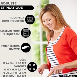Lot Poêle 24cm & 3 Faitouts 16/20/24cm Fackelmann Etherna avec 5 ustensiles Fackelmann