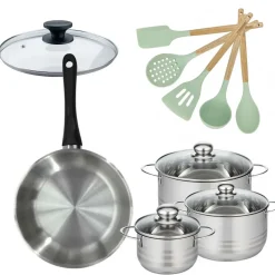 Lot Poêle 28cm avec couvercle Fackelmann Généva et 3 Faitouts 16/20/24cm avec 5 ustensiles Océan