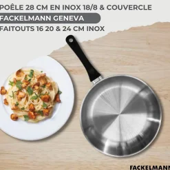 Lot Poêle 28cm avec couvercle Fackelmann Généva et 3 Faitouts 16/20/24cm avec 5 ustensiles Océan