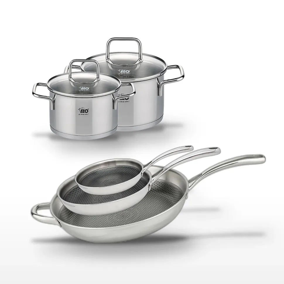 Lot Poêles 28, 32 et 24 cm Elo Relief Evolution avec Faitouts 12 et 14 cm