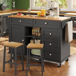 Îlots de Cuisine - Meuble de Cuisine avec Tiroirs et Étagères, Chariot sur Roulettes, MDF Noir, 134x46x92 cm