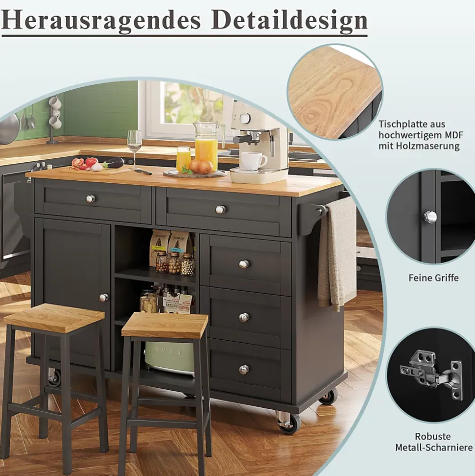 Îlots de Cuisine - Meuble de Cuisine avec Tiroirs et Étagères, Chariot sur Roulettes, MDF Noir, 134x46x92 cm