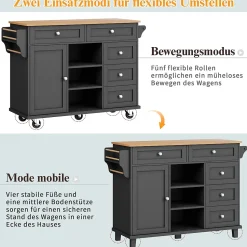 Îlots de Cuisine - Meuble de Cuisine avec Tiroirs et Étagères, Chariot sur Roulettes, MDF Noir, 134x46x92 cm