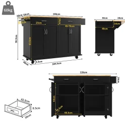 Îlots de Cuisine Multifonction, Espace de Rangement et Plan de Travail, Buffet de Cuisine en MDF et Métal, Noir, 106x50x90,5 cm