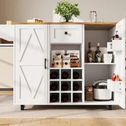 Îlots de Cuisine Multifonction, Espace de Rangement et Plan Extensible, Buffet de Cuisine en MDF et Métal, Blanc, 118x40x95,6 cm