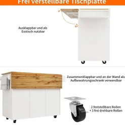 Îlots de Cuisine Multifonction, Espace de Rangement et Plan Extensible, Buffet de Cuisine en MDF et Métal, Blanc, 118x40x95,6 cm