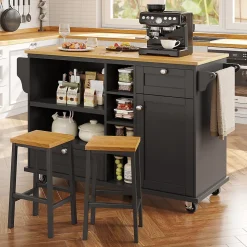 Îlots de Cuisine sur Roulettes avec Tiroirs et Étagères, Chariot de Cuisine Mobile en MDF, Noir et Plan Bois Clair, 129x46x92 cm