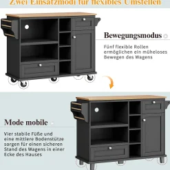 Îlots de Cuisine sur Roulettes avec Tiroirs et Étagères, Chariot de Cuisine Mobile en MDF, Noir et Plan Bois Clair, 129x46x92 cm